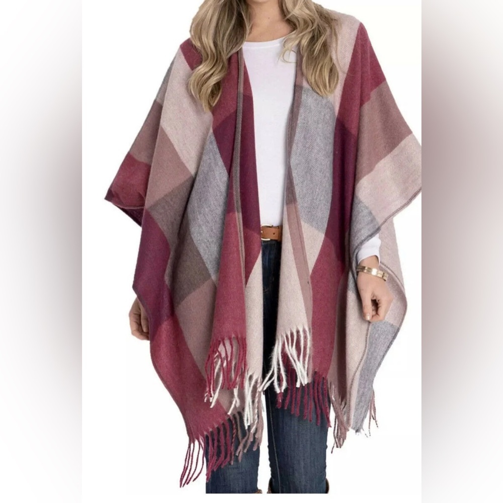 Chic Plaid Fringe Poncho -  Blanket wrap Burgundy and Beige one size